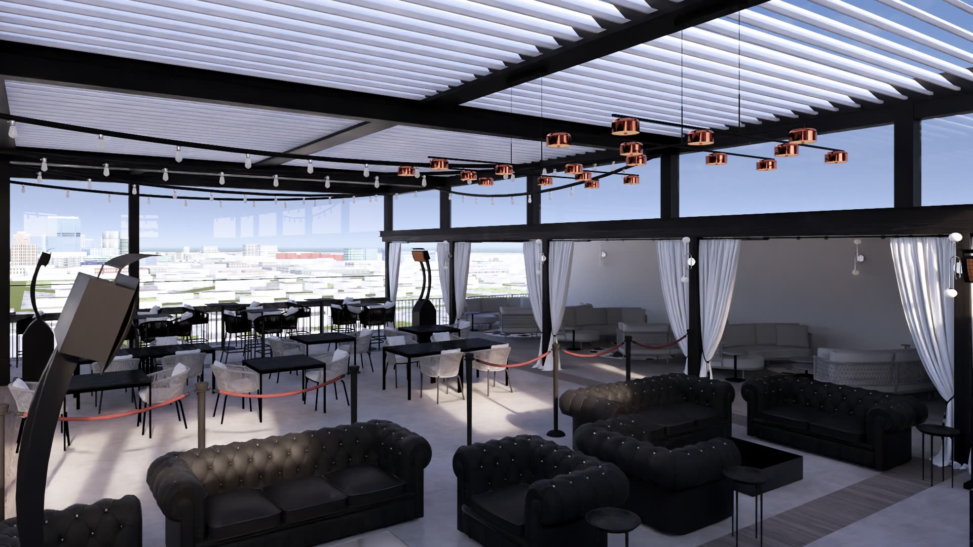 Lotus Rooftop Passaic NJ — Breslow-designed motorized louvered roof rendering for the rooftop bar venue